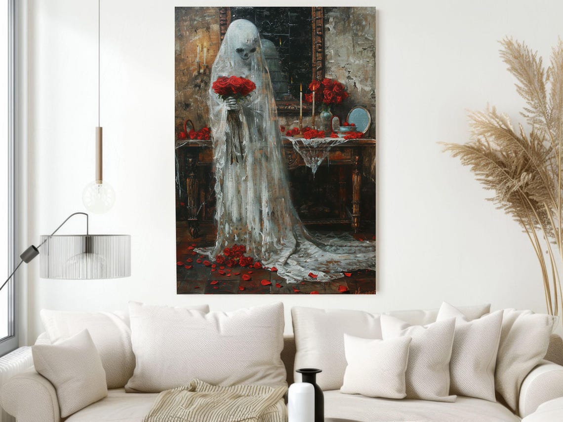 Ghost Bride Skeleton Holding Red Roses Gothic Vanity Candlelit Poster - Image 2