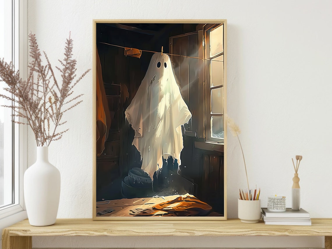 Ghost on Clothesline Sunlit Cabin Warm Vintage Halloween Wall Poster - Image 3