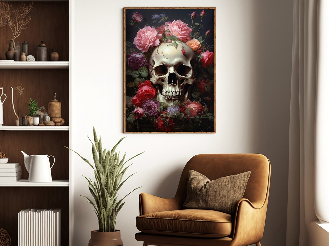 Skull Crowned With Pink Red Roses Dark Floral Gothic Vintage Baroque Poster - Image 3