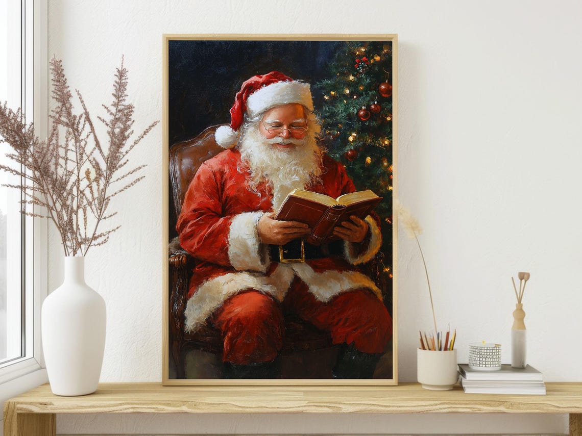 Vintage Santa Claus Reading Book by Cozy Christmas Tree Poster - Image 3