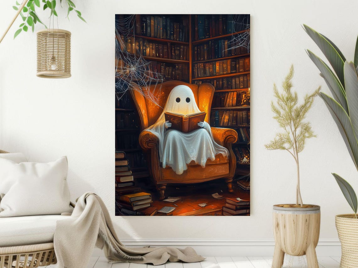 Cute Ghost Reading A Book In Spooky Library Armchair Art Print - Image 2