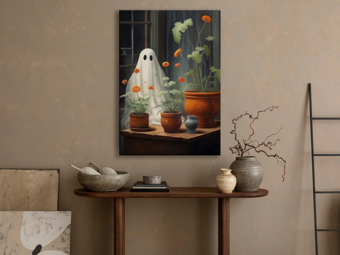 Sweet Little Ghost Peeking Past Potted Marigolds In A Window Poster - Image 4