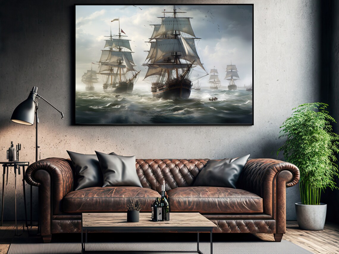 Tall Masted Sailing Ships Stormy Sea Dramatic Vintage Nautical Adventure Print - Image 2