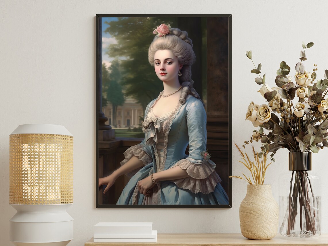 Regency Lady Blue Gown Garden Window Classic Rococo Portrait Art Poster