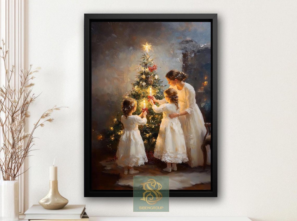 Mother and Daughters Lighting Candles on Christmas Tree Family Poster - Image 4