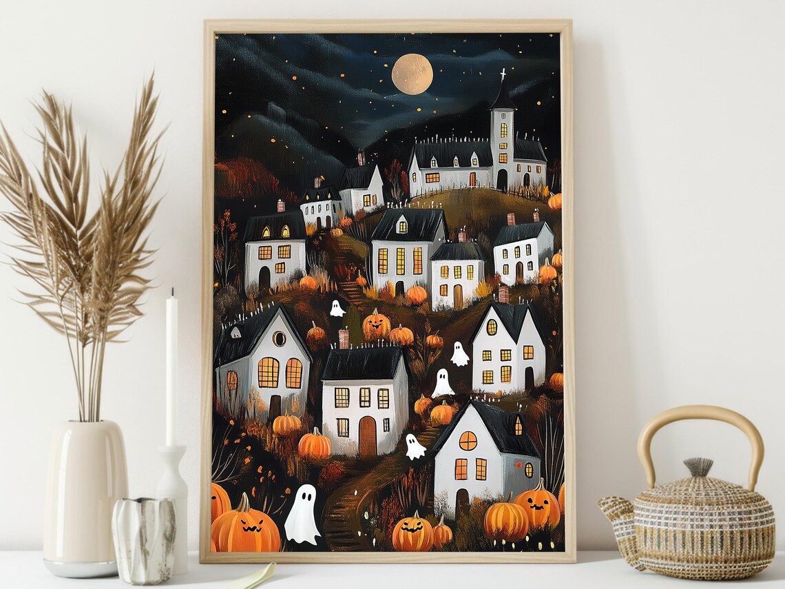 Halloween Village On Hill With Church Pumpkins Moon Night Print - Image 3