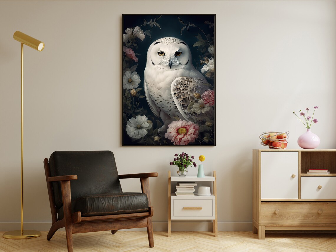 White Snowy Owl Among Pink Flowers Dark Floral Vintage Art Print Poster - Image 3