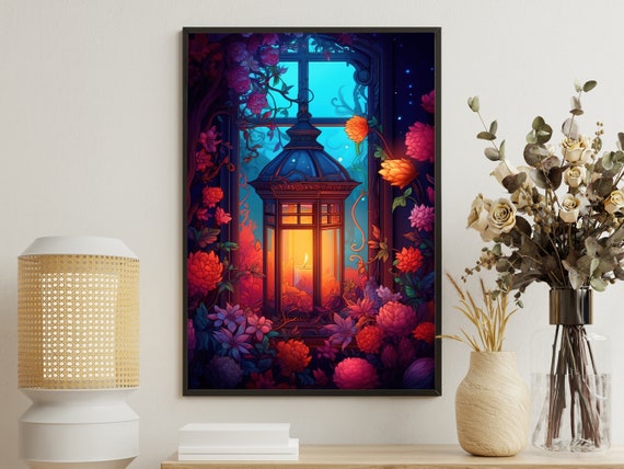 Vintage Candle Light Flowers Art Print, Gothic Decor