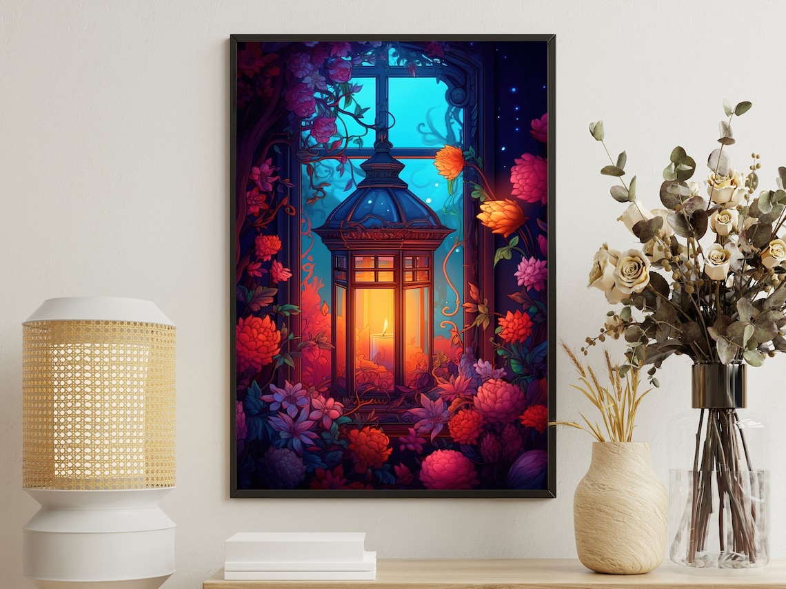 Vintage Candle Light Flowers Art Print, Gothic Decor