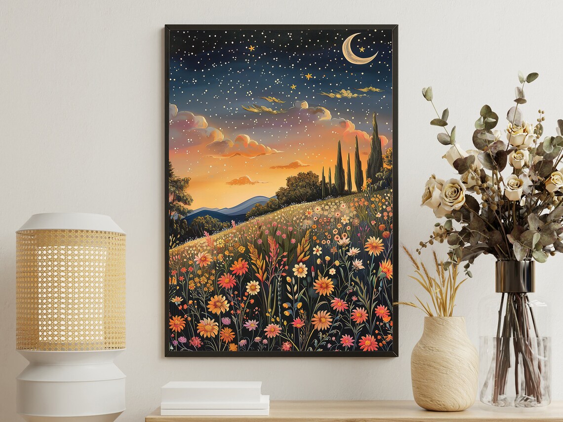 Cottage Flowers Field Painting, Vintage Floral Art Print