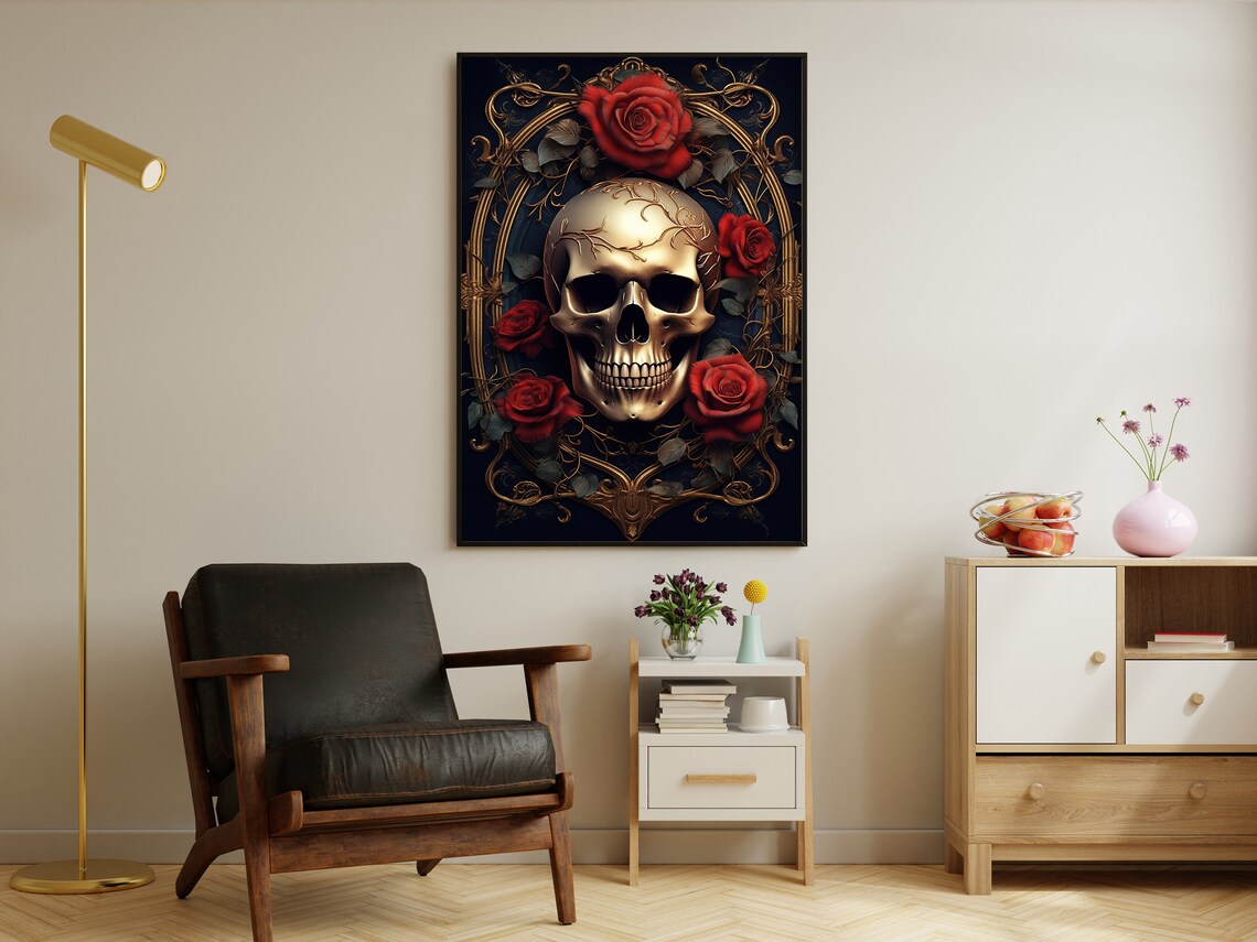 Golden Baroque Skull Framed By Red Roses Dark Elegant Gothic Vintage Wall Art - Image 2
