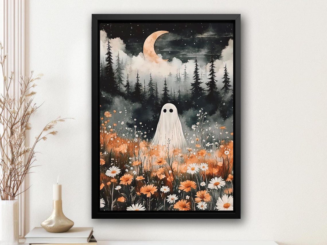 Lonely Ghost in Wildflower Meadow Under Crescent Moon Night Art Poster