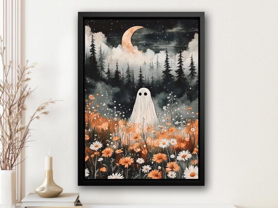 Lonely Ghost in Wildflower Meadow Under Crescent Moon Night Art Poster