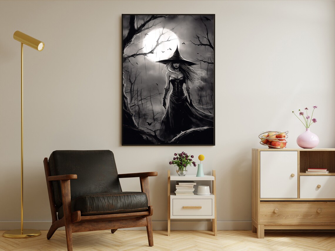 Witchy Woman Full Moon Night Black White Gothic Halloween Art Poster - Image 3