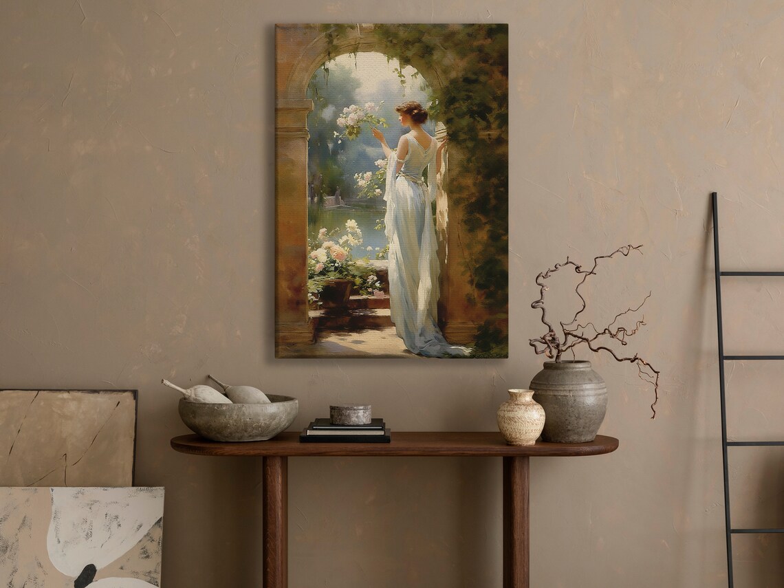 Victorian Woman in White Gown in Stone Garden Archway Art Print - Image 4