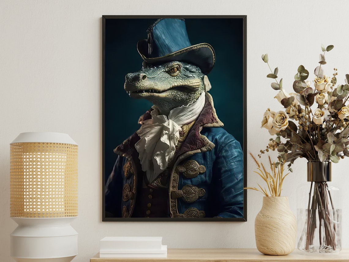 Dapper Crocodile Blue Top Hat Colonial Coat Portrait Art Poster
