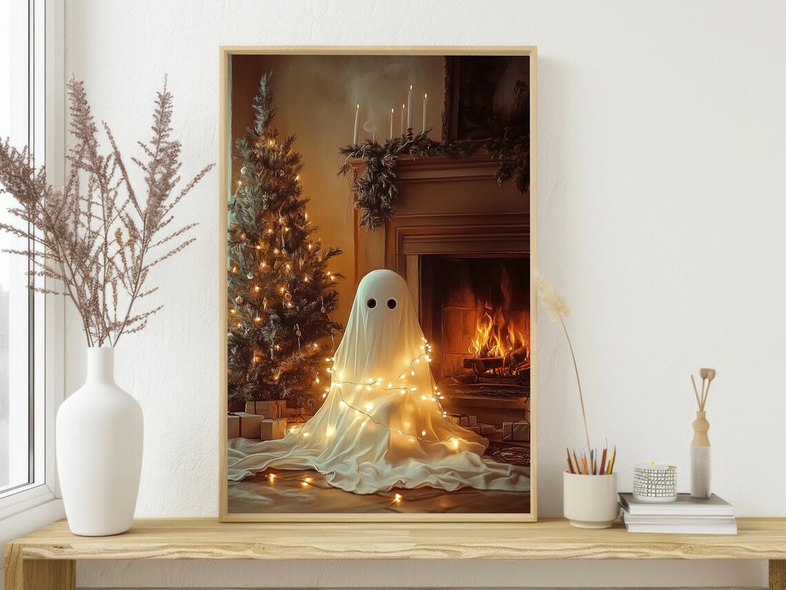 Cozy Christmas Ghost Painting, Holiday Poster Print - Image 3