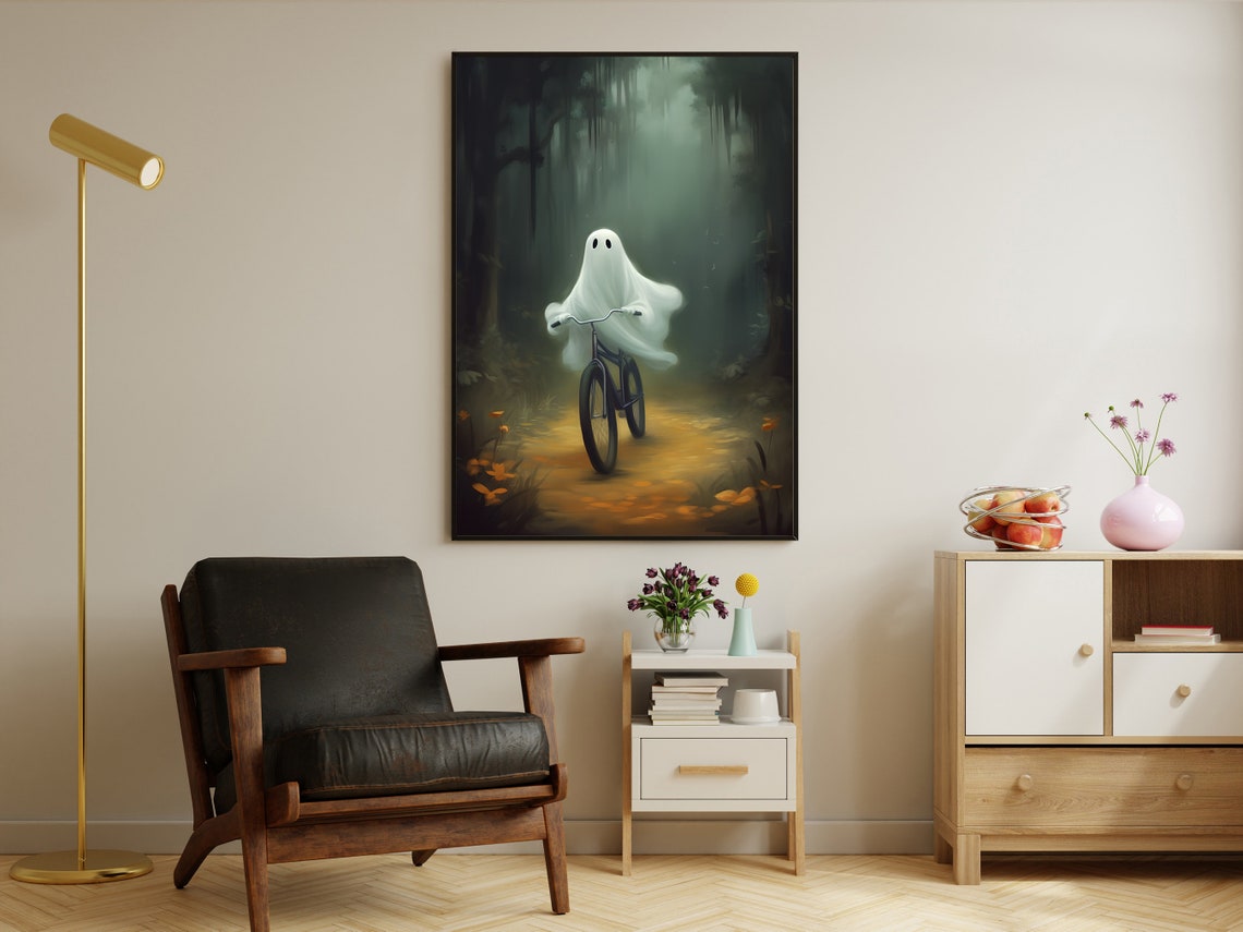 Vintage Ghost Riding Bicycle Through Misty Dark Forest Art Poster - Image 2
