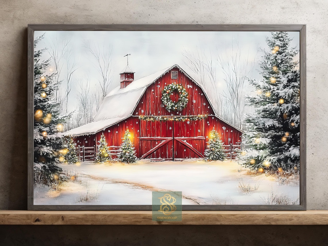 Red Barn In Snow With Christmas Wreath Lights Rustic Winter Poster