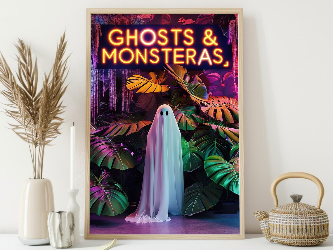 Ghosts and Monsteras Neon Sign Tropical Leaves Halloween Art Poster - Image 4