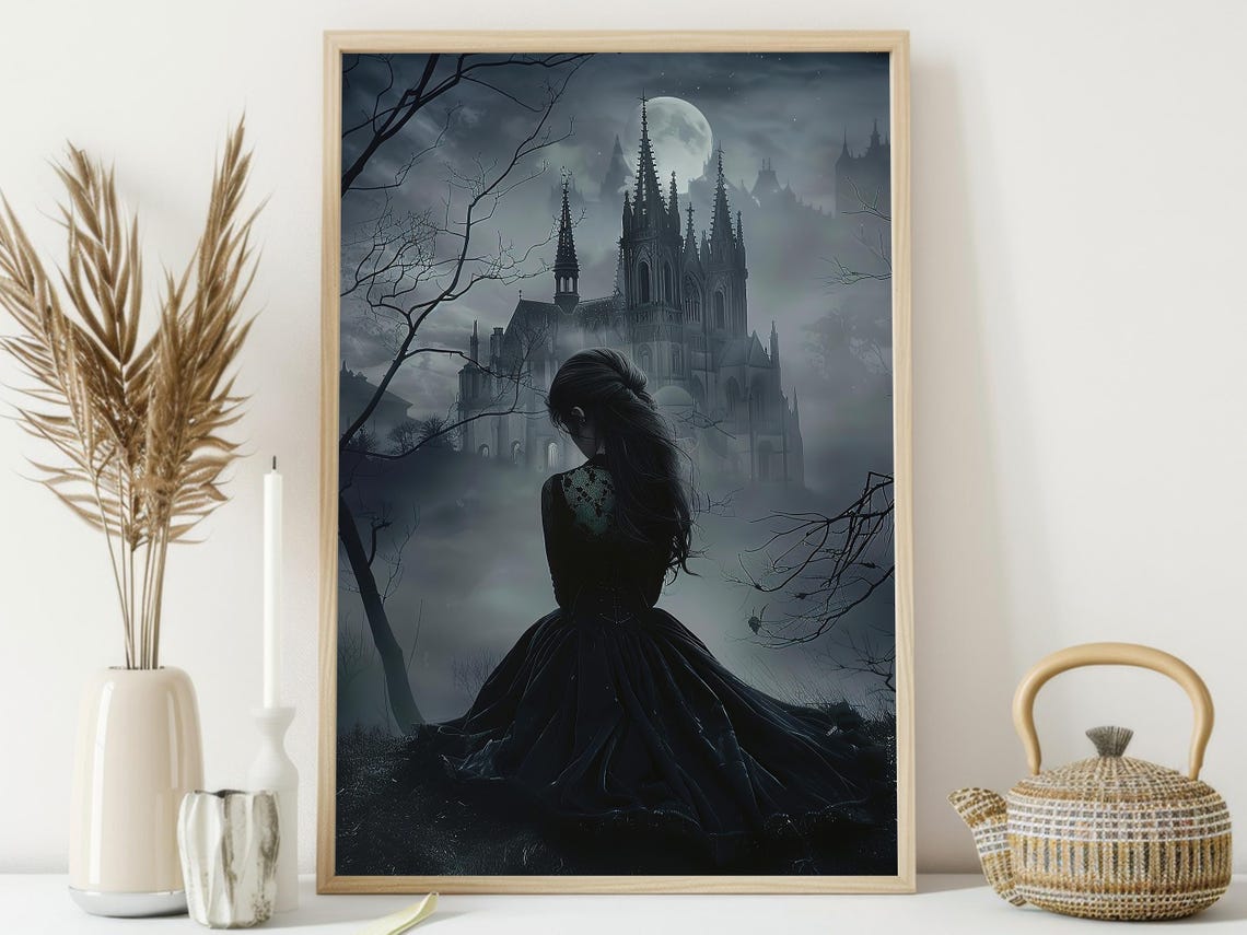 Young Witch Gazing at Misty Gothic Castle Under Full Moon Art Poster - Image 4