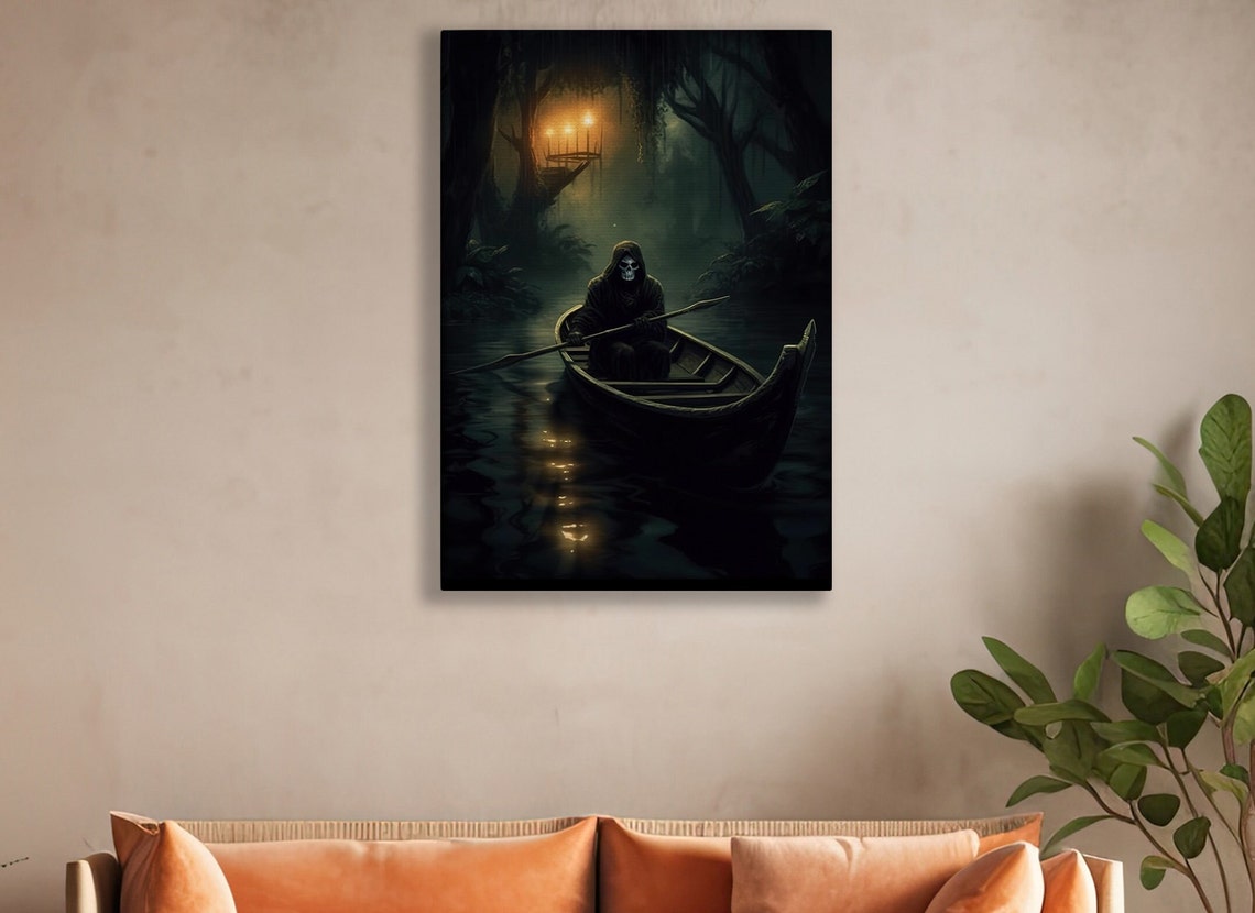 Grim Reaper Rowing A Boat On The Dark Misty River Gothic Poster - Image 2