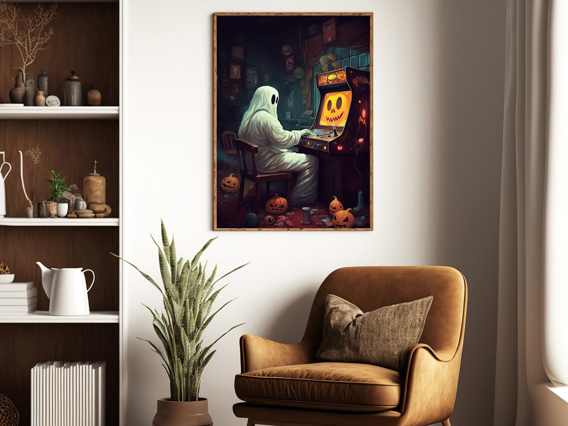 Retro Ghost Playing Video Game, Dark Gothic Art Print - Image 4