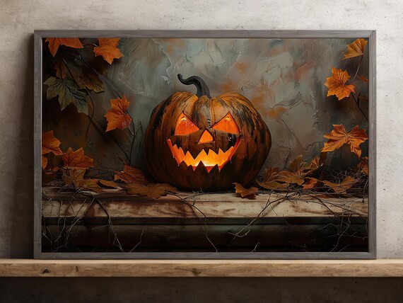 Carved Jack O Lantern with Twisted Grin Autumn Leaves Rustic Wood Poster