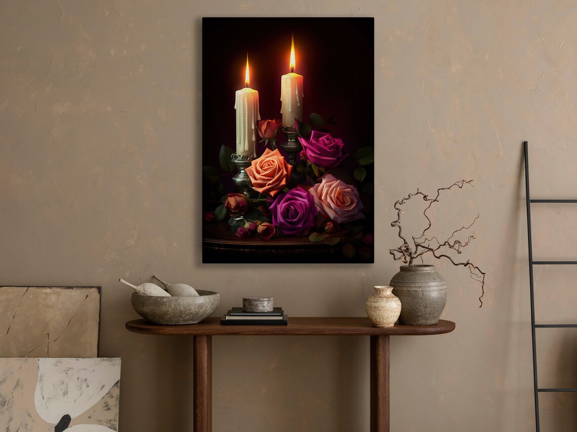 Burning Candles And Romantic Roses In Dark Candlelight Still Life Poster - Image 3