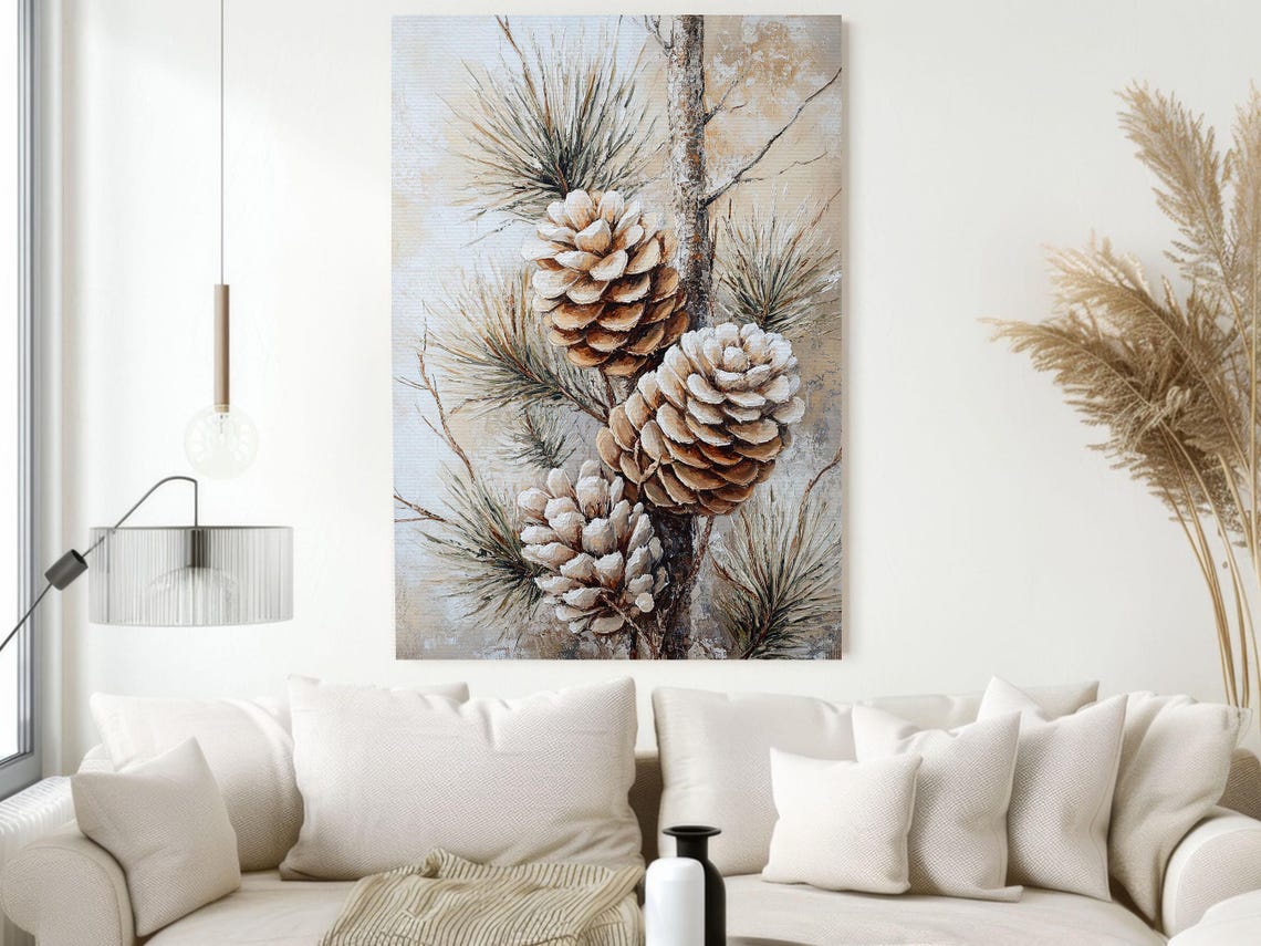 Snow Dusted Pinecones Branch Beige Botanical Winter Wall Art - Image 2