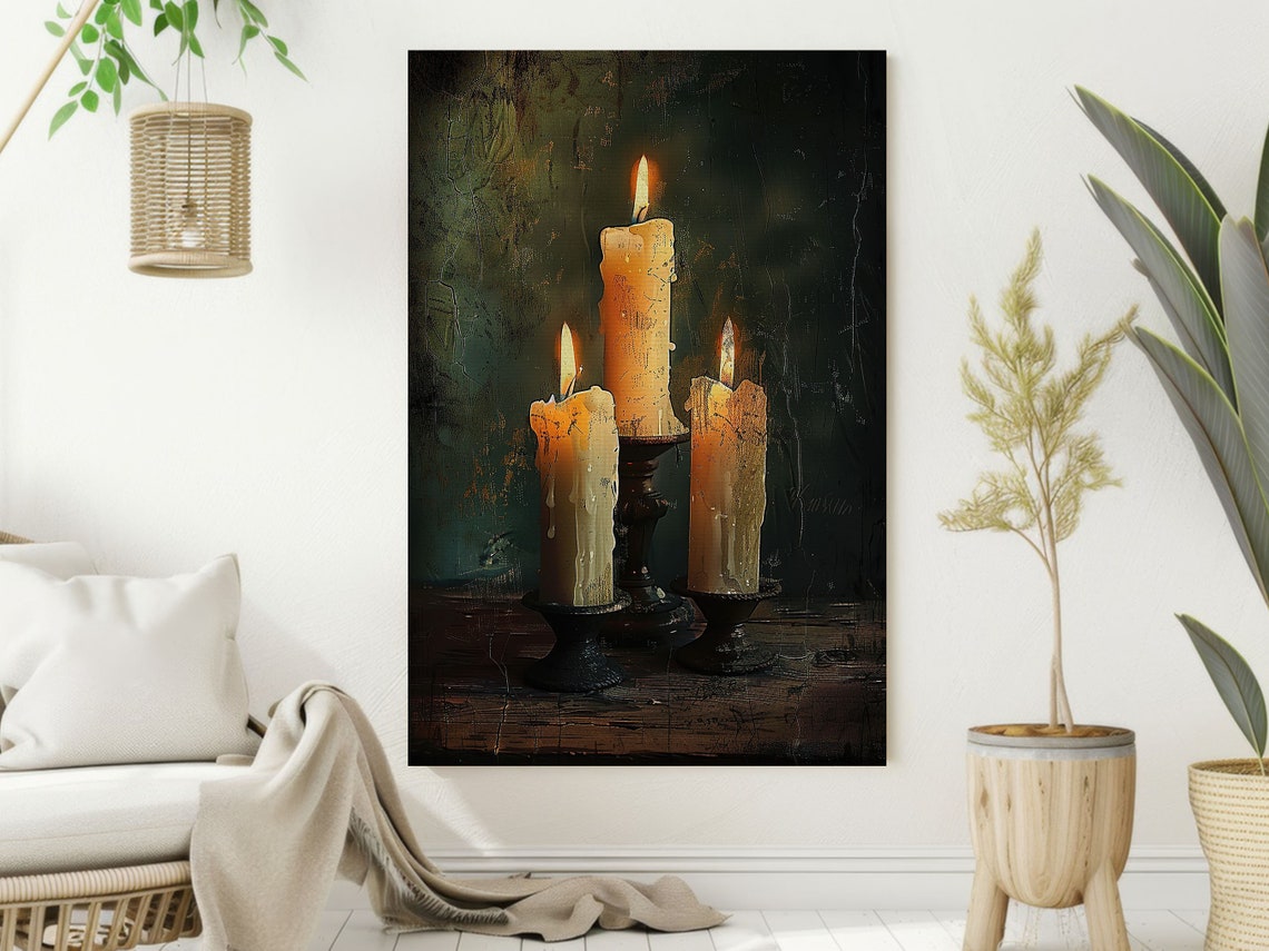Three Lit Candles Dark Moody Still Life Gothic Candlelight Poster - Image 2