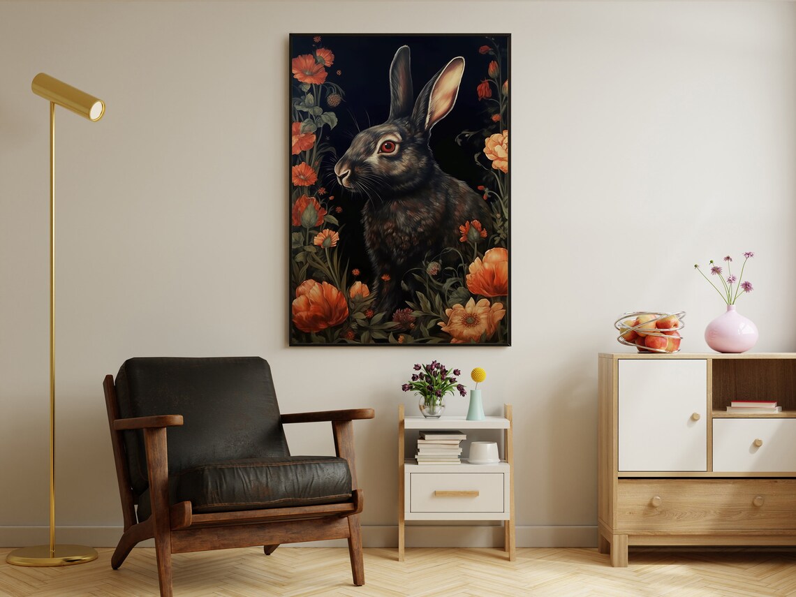 Black Rabbit In Profile Orange Poppies Dark Botanical Gothic Vintage Wall Art - Image 2