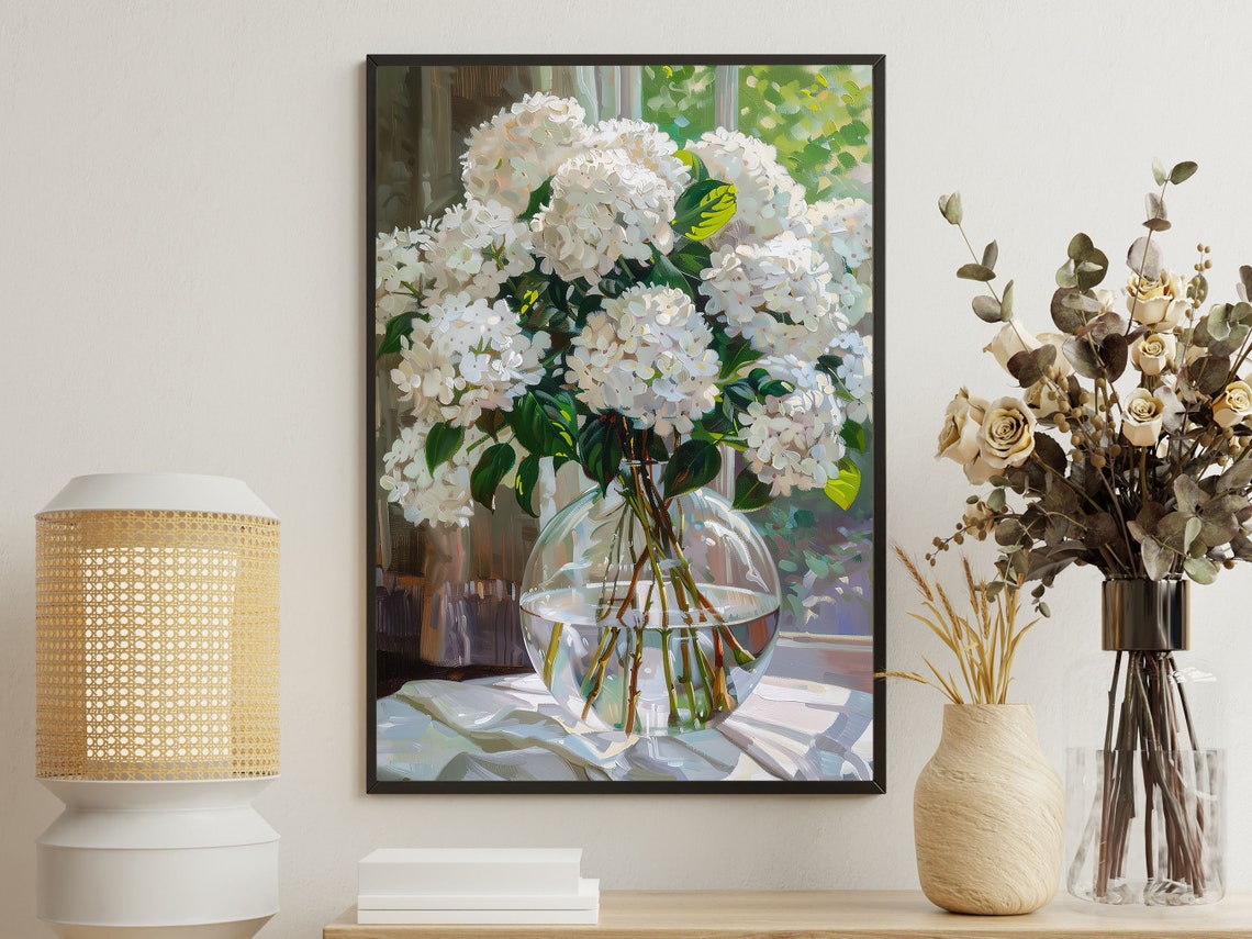 White Hydrangea Blooms Glass Vase Sunlit Window Floral Art Poster