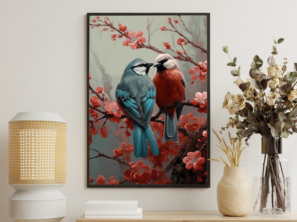 Vintage Couple Bird Painting Love Bird Art Print Bird Print Gothic Floral Bird Poster Print Bird Wall Decor Animal Art Print