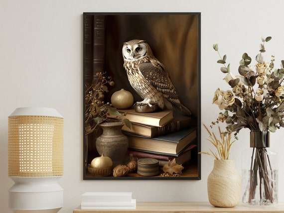 Vintage Owl Painting Retro Owl Art Print Owl Print Gothic Art Print Dark Academia Art Owl Poster Print Owl Library Wall Decor