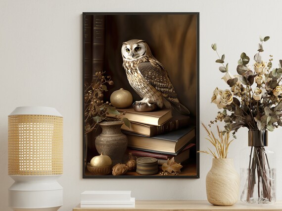 Wise Owl Perched On Vintage Book Stack Dark Academia Library Scholar Wall Art