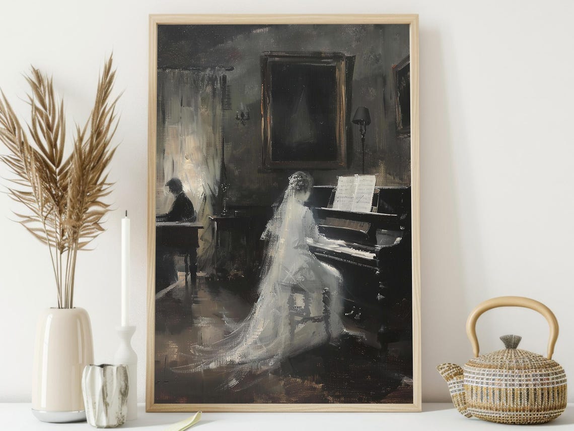 Ghostly Woman Playing Piano in Dark Haunted Music Room Art Poster - Image 3