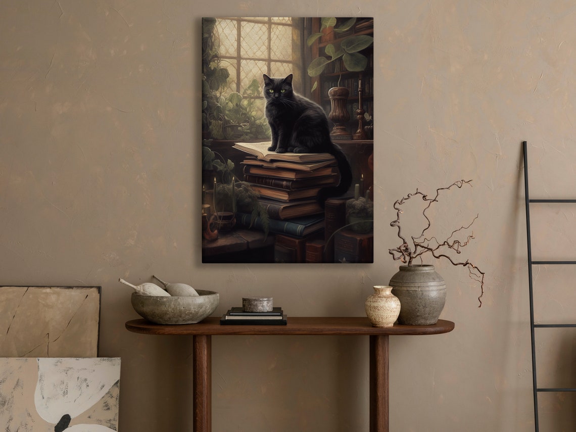 Cozy Black Cat Sitting On Old Books By A Library Window Poster - Image 3