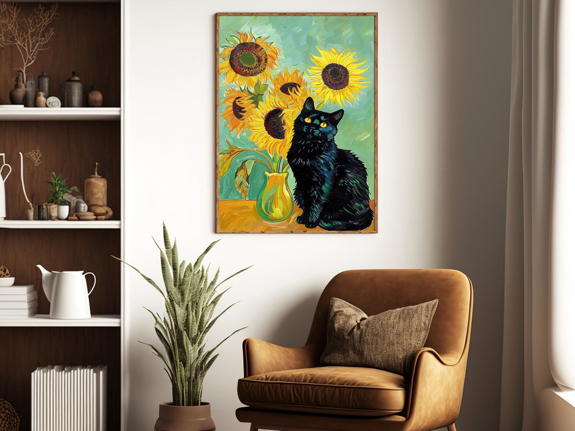 Black Cat With Sunflower Vase Van Gogh Style Bold Floral Cat Poster - Image 2