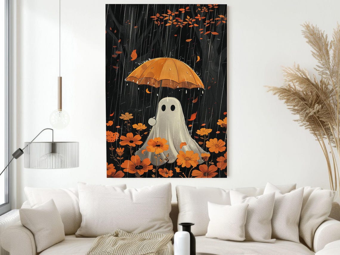 Cute Ghost Holding Orange Umbrella In Rainy Flower Field Art Print - Image 2
