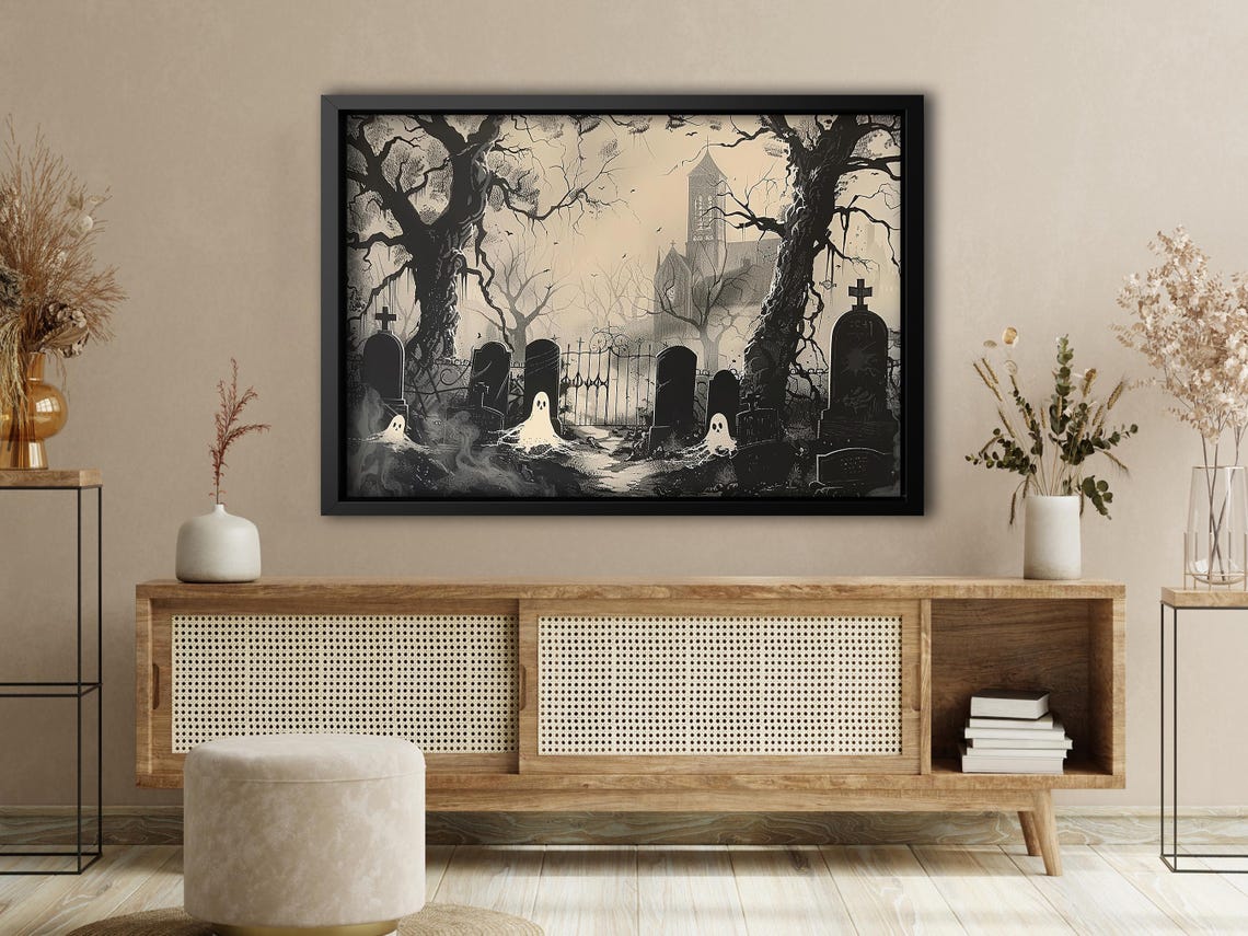 Vintage Haunted Cemetery Ghosts Black and White Engraving Art Poster - Image 4