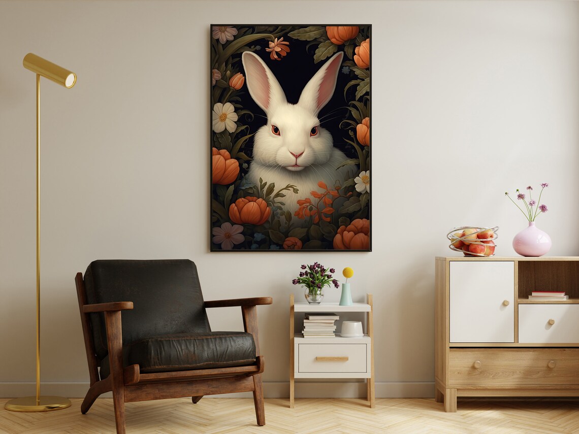 White Rabbit Among Orange Tulips Dark Botanical Woodland Cottagecore Wall Art - Image 2