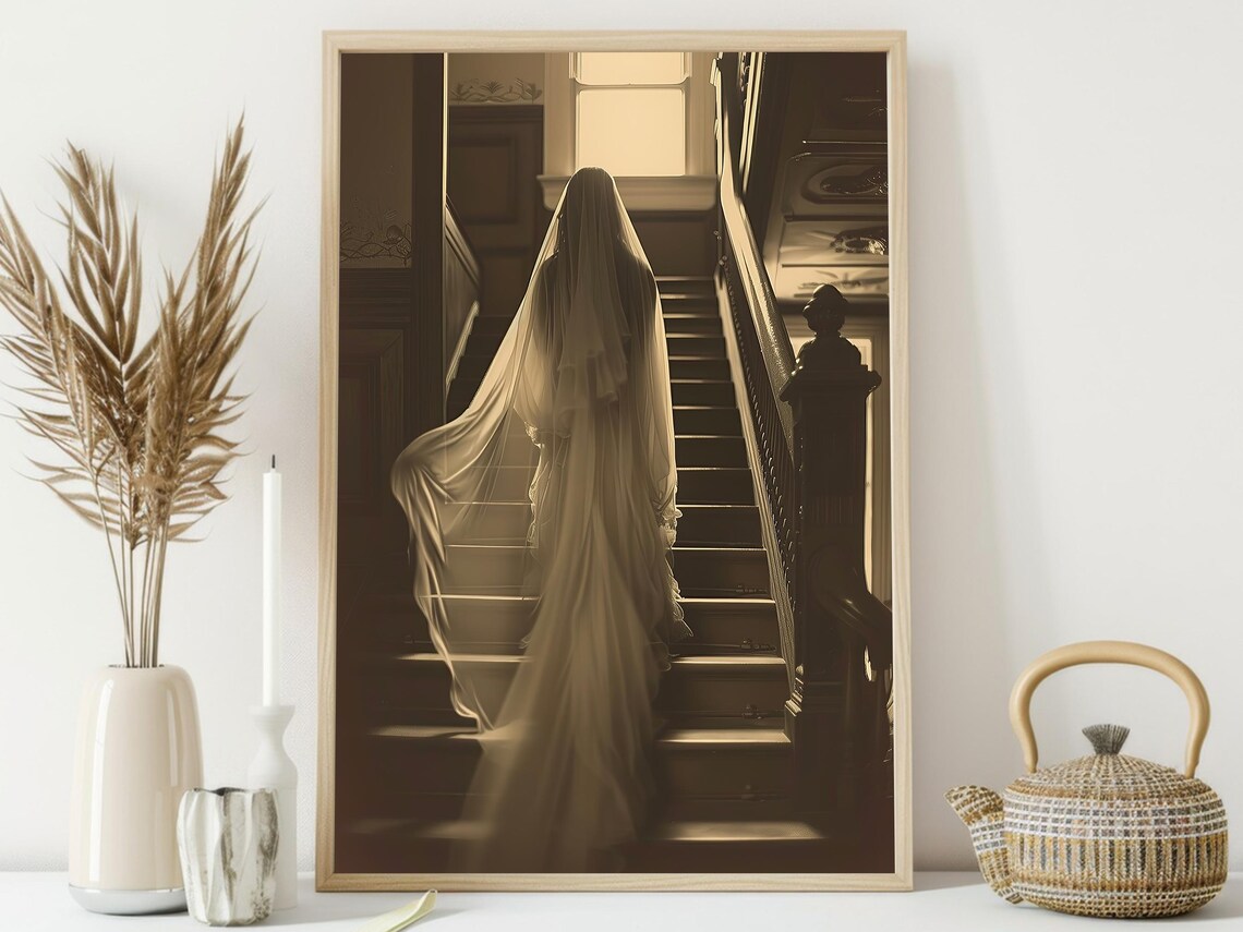 Ghost Bride Ascending Grand Wooden Staircase Sepia Vintage Haunted Poster - Image 4
