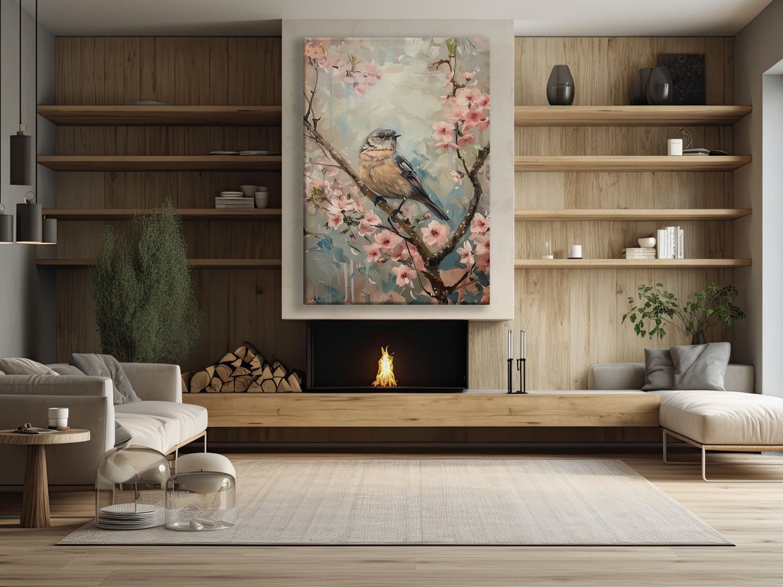 Vintage Peach Blossom And Bird Painting Flowers Art Print Cottage Flowers Print Esthetic Flowers Poster Flowers Wall Art - Image 2
