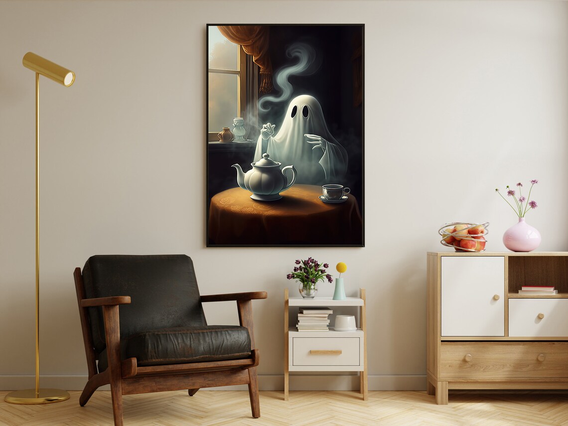 Vintage Ghost Enjoys Drinking Tea, Gothic Halloween - Image 3