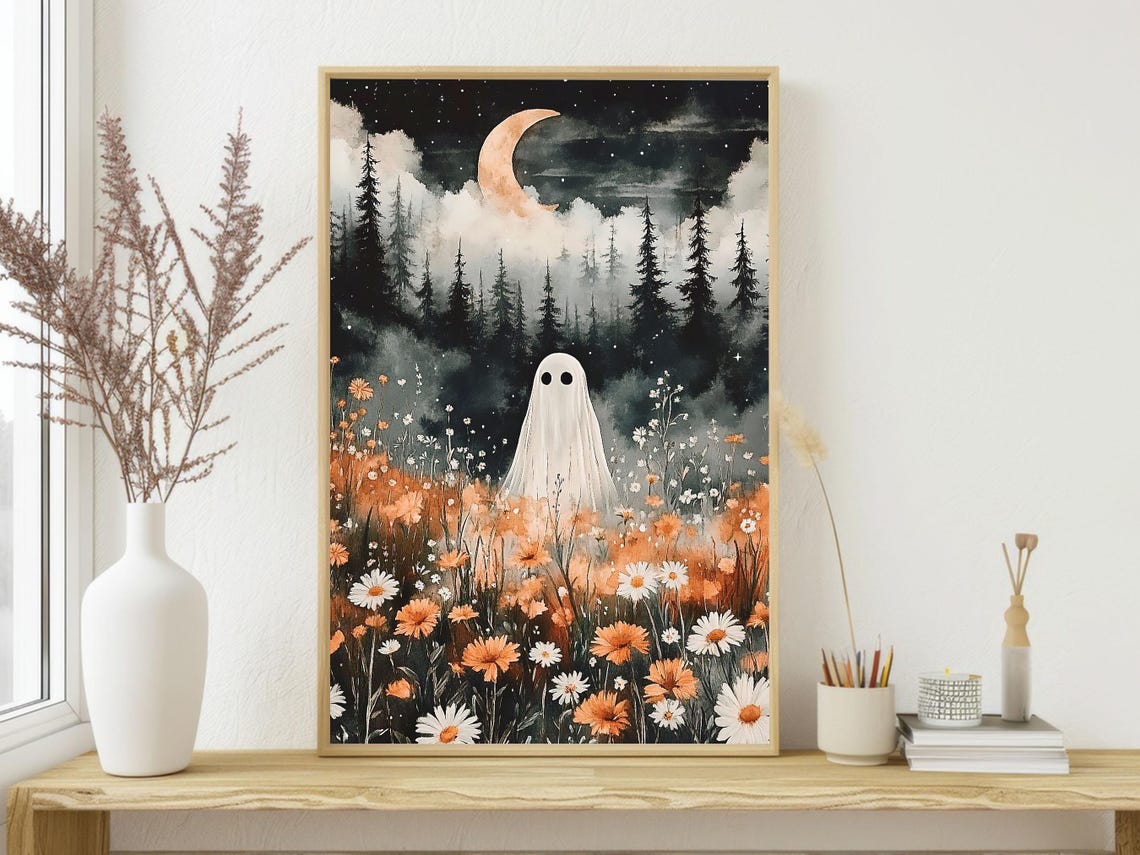 Lonely Ghost in Wildflower Meadow Under Crescent Moon Night Art Poster - Image 4