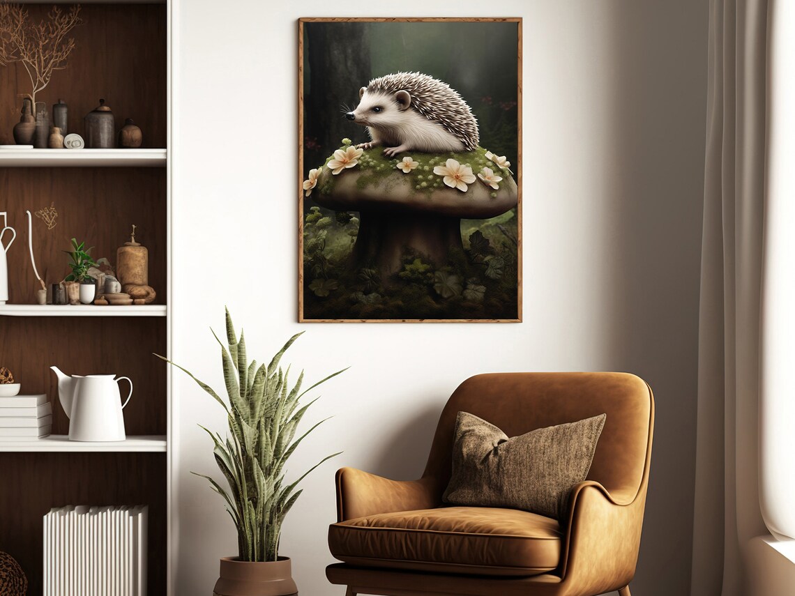 Hedgehog On Mossy Mushroom With White Blossoms Enchanted Forest Animal Print - Image 3