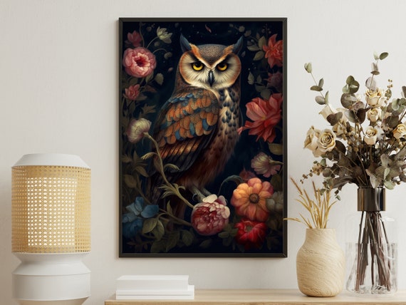 Vintage Floral Owl Painting Retro Owl Art Print Owl Print Gothic Art Print Dark Academia Art Floral Owl Poster Owl Wall Decor