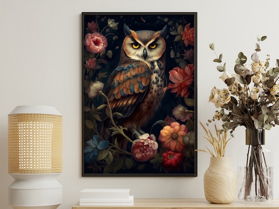 Wise Owl Among Vivid Blooms On Dark Midnight Blue Floral Animal Art Poster