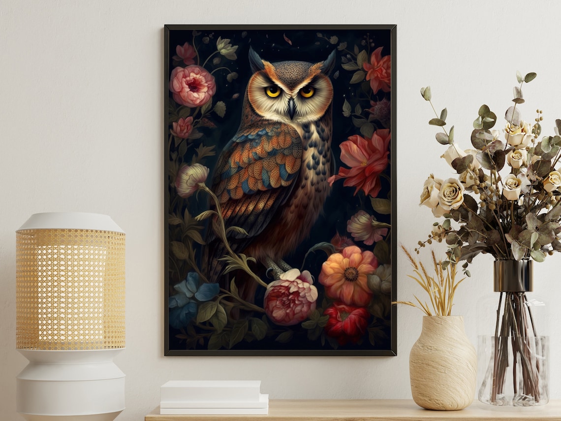 Wise Owl Among Vivid Blooms On Dark Midnight Blue Floral Animal Art Poster
